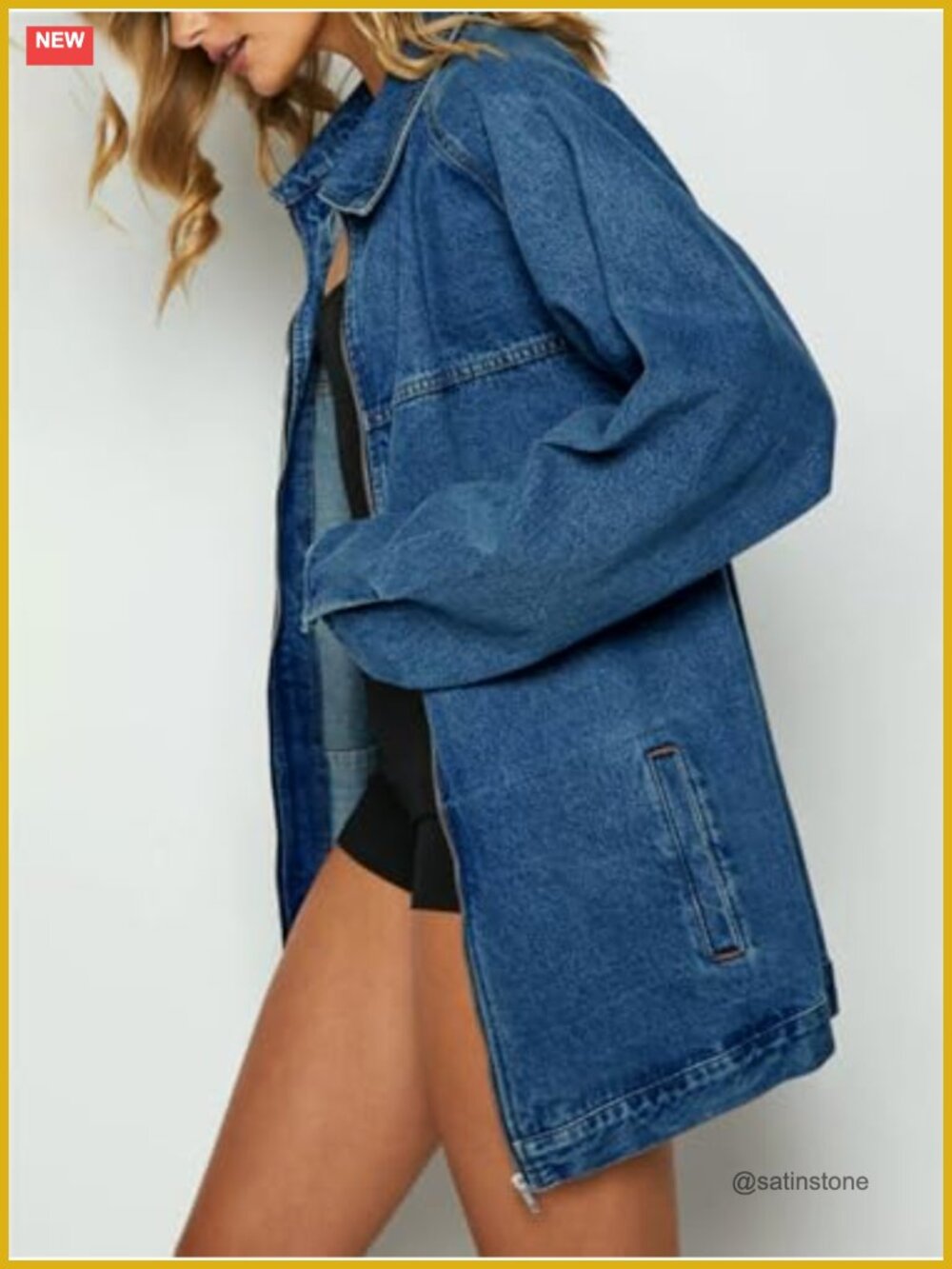 Oversized Boyfriend Denim Jacket Long Sleeve Zip Up Spring Fall Jean Jacket - Picture 2 of 6